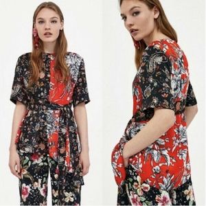 NWOT Zara Mixed Print Floral Belted Top Satin Size M
